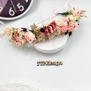 Pink floral crown with dried and artificial flowers – blush head wreath for wedding, photoshoot or birthday