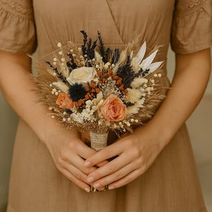 Boho Wedding Dried Flower Bouquet with Terracotta & Navy Blue, Rustic Bridal Bouquet, Mocha Fall Color Bouquet for Autumn Wedding