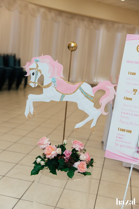 Christening Carousel Centerpiece Box with Carousel Horse and Bow for Carousel Birthdays Baby Shower Baptism