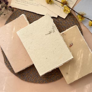 Puede incluir: Tres diarios rectangulares con bordes irregulares y cubiertas de papel texturizado. El diario de la izquierda es rosa claro, el central es crema con fibras botánicas incrustadas y el de la derecha es color canela con pétalos de flores.