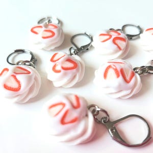 Polymer Clay Stitch Markers for Knitting Crochet | Strawberry Meringue Dessert Charms | Cute Handmade Progress Keepers