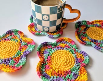 Handmade Rainbow Daisy Crochet Coasters,  Coaster, Y2K, 2000's Crochet Flower Single Or As a Set