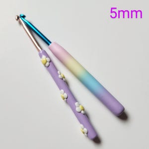 May include: Two crochet hooks, one with a rainbow gradient and the other with a purple base and white daisy accents. Both hooks are 5mm.