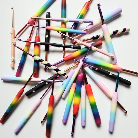 End Of Line Rainbow Pastel Neon Daisy Polymer Clay Crochet Hook 3mm to 6.5mm Available Free Stitch Marker With Every Hook!