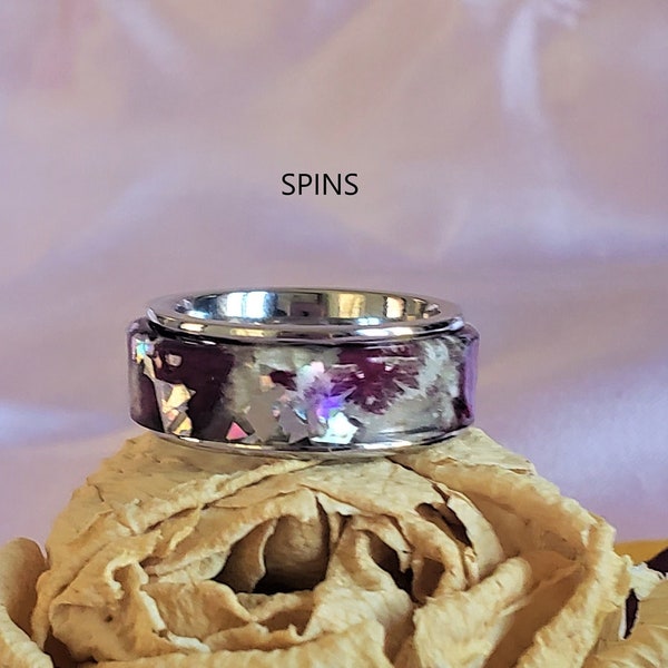 Spinner Resin Band Custom Made with your Dried Flowers from Wedding or Funeral in a Stainless-Steel Setting