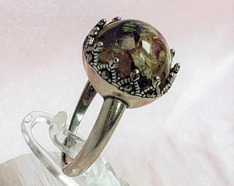 Sterling Silver Adjustable Ring Custom made with Your Dried Flowers from Wedding or Funeral Flowers. Choose Domed Stone or Bead Stone