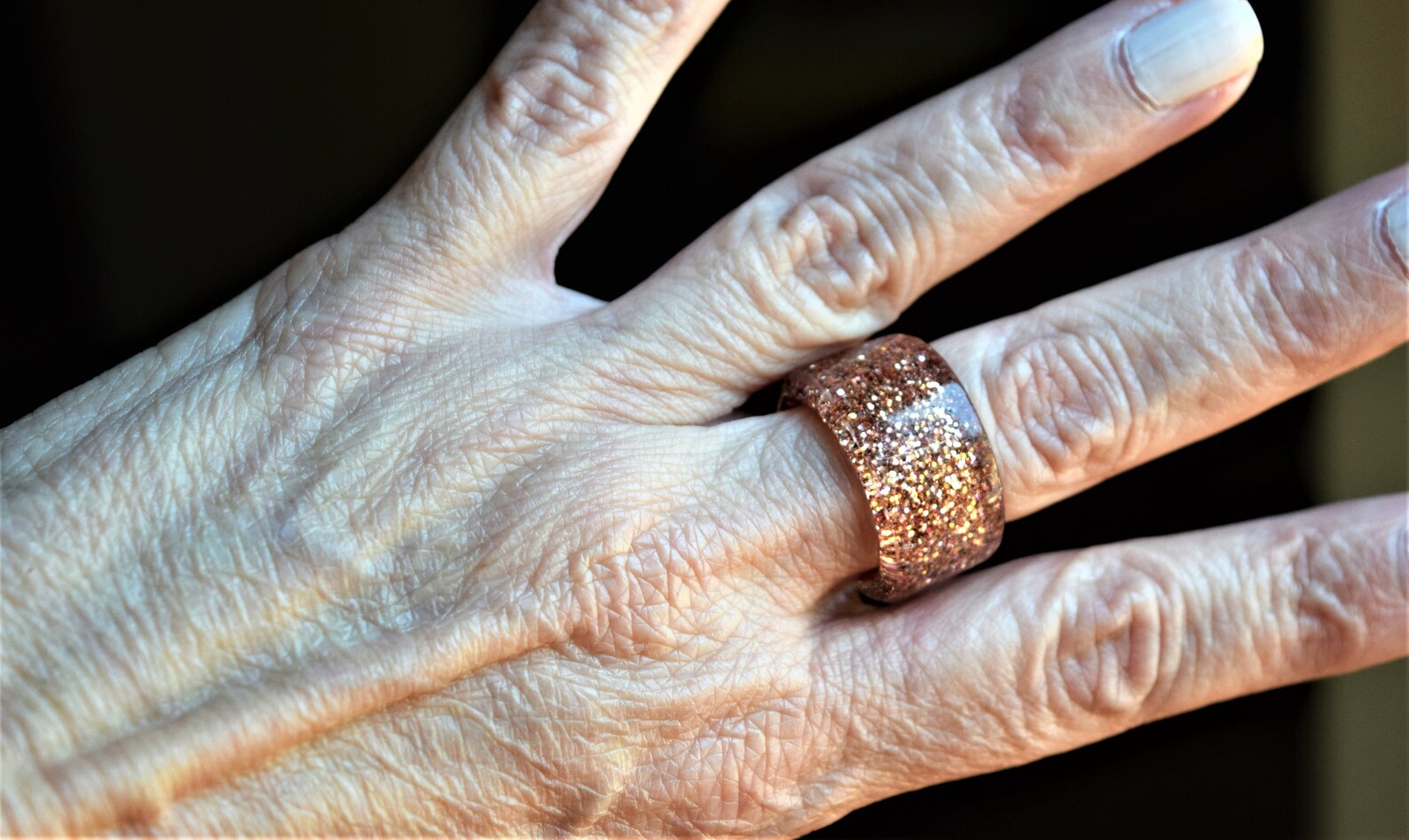 Resin Ring Wide Band Rose Gold Glitter Statement Ring Etsy