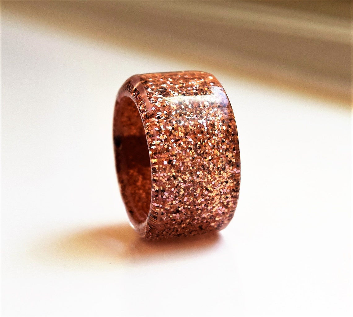 Resin Ring Wide Band Rose Gold Glitter Statement Ring Etsy