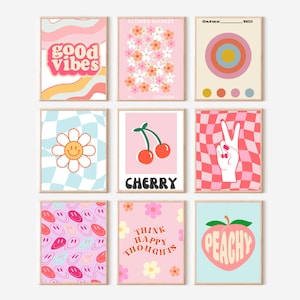 Funky Retro Wand Kunst 9er Prints, 60er 70er Jahre Rosa ästhetische Galerie-Wand-Set, Groovy Preppy Room Decor Digitaler Download