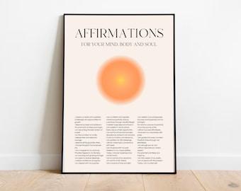 Mind Body Soul Affirmations Poster Wall Art, Aura Energy Spiritual Gradient Set of 3 Prints, Y2K Aesthetic Room Decor Spiritual Zen Wall Art