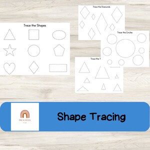 May include: Shape tracing worksheets for preschool. The worksheets feature various shapes like triangles, squares, and circles, with dotted lines for tracing. The image includes the text "Trace the Shapes", "Trace the Diamonds", "Trace the Circles", "Trace the T", and "Shape Tracing".