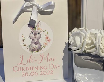 Personalised Bunny Baby Gift Bag - New Baby Gift, Christening Gift, Baby Birthday Gift, Gift Bag, Baby Bunny, Floral Bunny, Baby Shower Gift