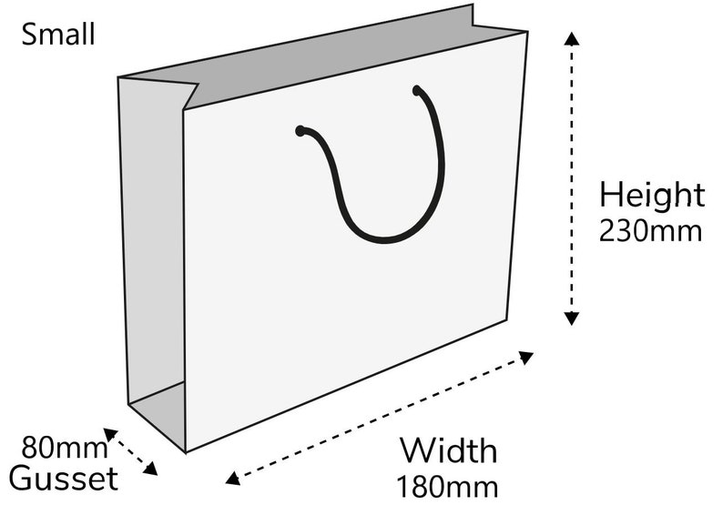May include: A white paper shopping bag with a black handle. The bag is labeled "Small" and has dimensions of 8 inches wide, 9.5 inches tall, and 3.1 inches deep.