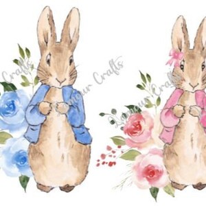 May include: Two watercolour illustrations of bunnies wearing jackets. The bunny on the left is wearing a blue jacket and is surrounded by blue flowers. The bunny on the right is wearing a pink jacket and is surrounded by pink flowers.