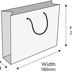 May include: A small white gift bag with a black handle, 180mm wide, 230mm high, and an 80mm gusset. The bag has a gray top and the word "Small" is printed on the top left.