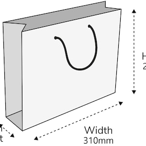 May include: A large white gift bag with a black handle. The bag has a 120mm gusset, a 310mm width, and a 220mm height. The word "Large" is printed on the top left corner of the bag.