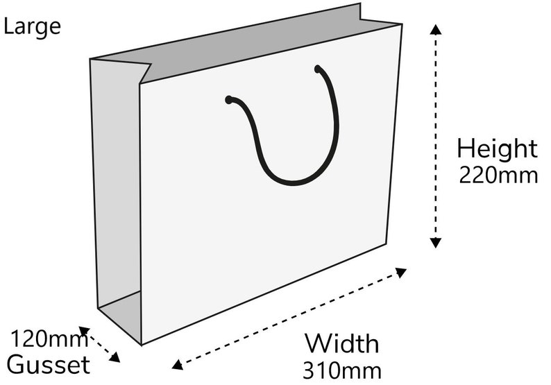 May include: A large white gift bag with a black handle. The bag has a 120mm gusset, a 310mm width, and a 220mm height. The word "Large" is printed on the top left corner of the bag.