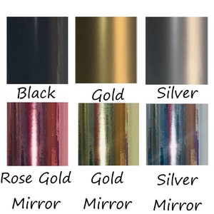 May include: A color palette featuring six metallic finishes: black, gold, and silver, along with rose gold mirror, gold mirror, and silver mirror. Each color is labeled with its name in a clean, modern font.