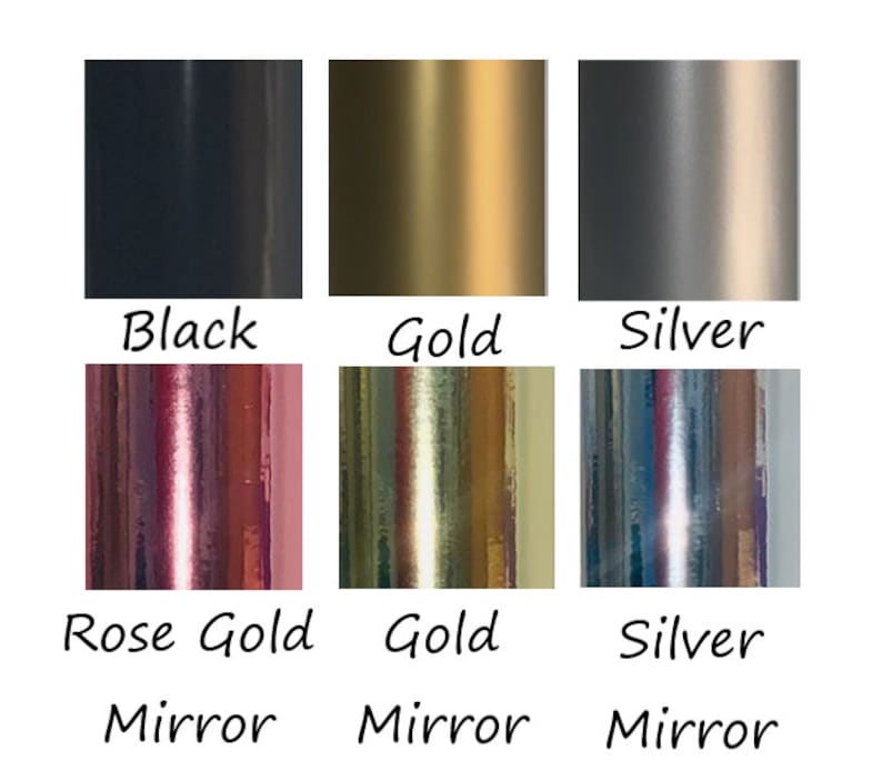 May include: A color palette featuring six metallic finishes: black, gold, and silver, along with rose gold mirror, gold mirror, and silver mirror. Each color is labeled with its name in a clean, modern font.