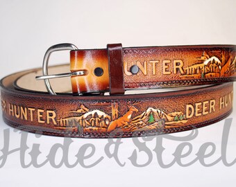Deer Hunter 1 1/2" Wide Solid Leather Belt- Interchangeable Buckle Made In the USA Custom Sized For You