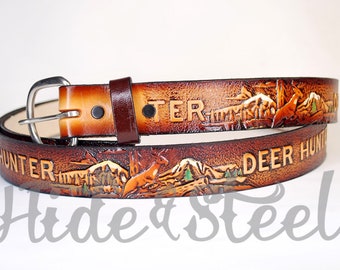 Deer Hunter 1 1/4" Wide Solid Leather Belt- Interchangeable Buckle Made In the USA Custom Sized For You!