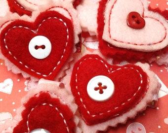 Valentine's Day Double Layer Heart with Button Felt Clippie Hair Clip by Love Bugs Co.