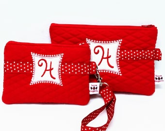 Red Monogrammed Quilted Wristlet Make Up Bag with Ribbon Trim by Love Bugs Company