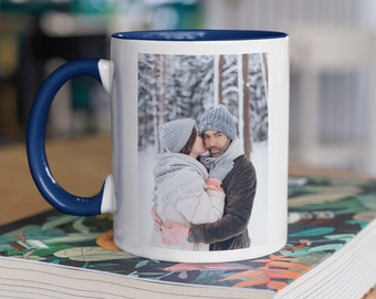 Mug Premium Bleu & Blanc Personnalisé 15oz - Mug Bleu Personnalisé - Mug Café BiColore Bleu 15oz - Mug Photo Personnalisé - Ajoutez Votre Propre Photo et Texte