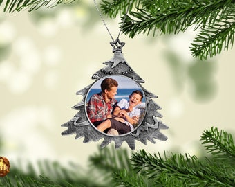 Décoration photo personnalisée pour sapin de Noël : texte personnalisé, finition argentée