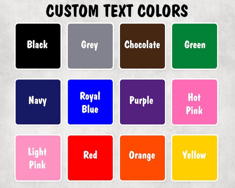 Puede incluir: Un gr&aacute;fico que muestra 12 opciones de color de texto diferentes. Los colores son: negro, gris, chocolate, verde, azul marino, azul real, morado, rosa intenso, rosa claro, rojo, naranja y amarillo.