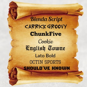 Puede incluir: Un rollo vintage con una lista de diferentes nombres de fuentes, incluyendo Blanda Script, Carrick Groovy, ChunkFive, Cookie, English Towne, Lato Bold, Octin Sports y Should've Known.