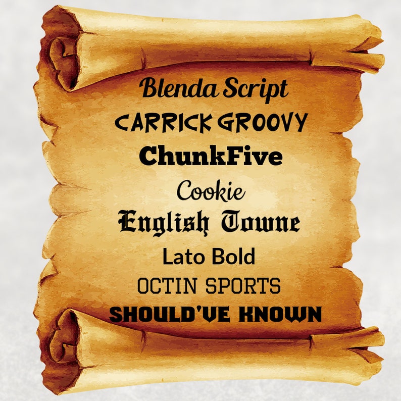 Puede incluir: Un rollo vintage con una lista de diferentes nombres de fuentes, incluyendo Blanda Script, Carrick Groovy, ChunkFive, Cookie, English Towne, Lato Bold, Octin Sports y Should've Known.