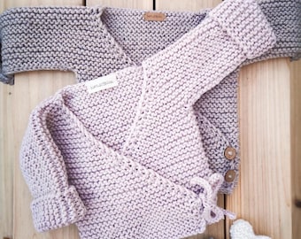 Baby wrap over cardigan knitting pattern | baby kimono | baby wrap sweater | easy baby knit | English | knitted baby jacket | aran | 0-24