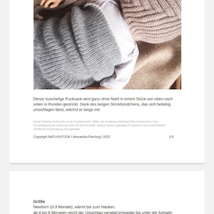 May include: Knitting pattern for a baby pucksack or sleeping bag. The pattern is written in German and includes instructions for the size, needles, and yarn needed. The pattern also includes a photo of the finished product.