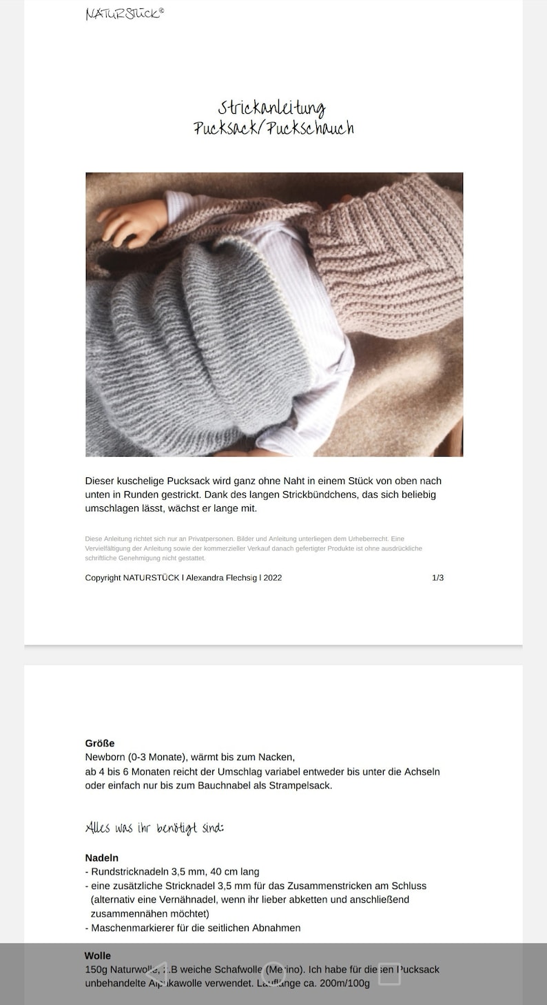 May include: Knitting pattern for a baby pucksack or sleeping bag. The pattern is written in German and includes instructions for the size, needles, and yarn needed. The pattern also includes a photo of the finished product.