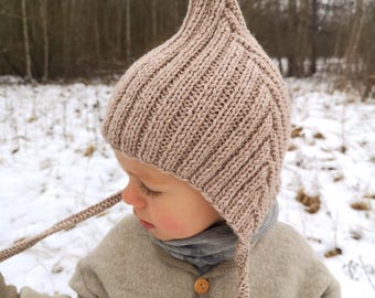 Knitting Pattern Pixie hat for Baby and kids easy knit | Baby preemie pixie bonnet hat | gnome hat for little elfs | aran baby pixie hood