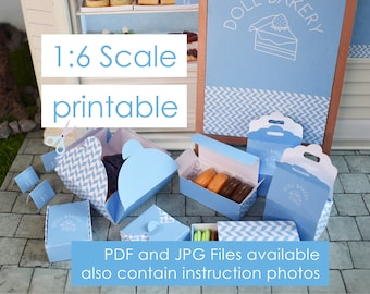 printable cake boxes, packaging, bakery and cafe equipment Dolls scale 1/6 digital download for miniature dollhouse and diorama