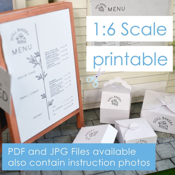 printable cake boxes, packaging, bakery and cafe equipment Dolls scale 1/6 digital download for miniature dollhouse and diorama