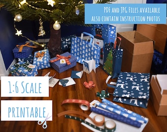 druckbare Weihnachten Geschenkpapier, Schleifenband, Grußkarten, Kisten für Modepuppen und Puppenhaus Vorlage