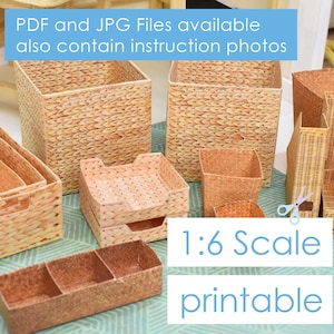 Dolls Miniature Set - 2 boxes with lids, magazine file and 9 boxes - 1:6 scale for dollhouses in IKEA style with wood and wicker texture