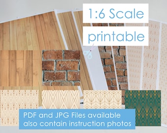 printable wallpaper, wood floor and brick wall 1/6 texture digital for diorama and dollhouse