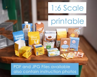 printable 13 baking ingredients for Dolls scale 1/6 such as flour, sugar, sprinkles - digital download for miniature dollhouse and diorama