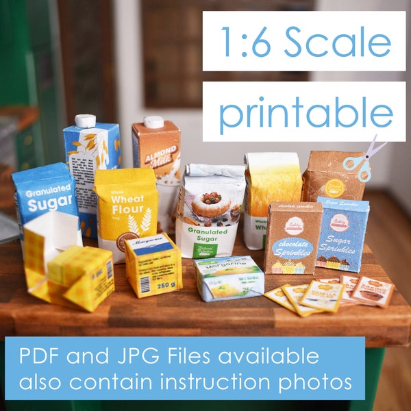 printable 13 baking ingredients for Dolls scale 1/6 such as flour, sugar, sprinkles - digital download for miniature dollhouse and diorama