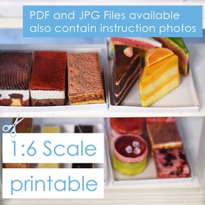 printable cakes, tartlets and pieces of cake Dolls scale 1/6 17 different cakes digital download for miniature dollhouse and diorama