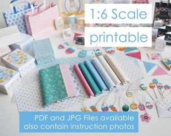 May include: A collection of printable 1:6 scale Easter crafts, including boxes, bags, and decorations. The printable files include instruction photos and are available in PDF and JPG formats.