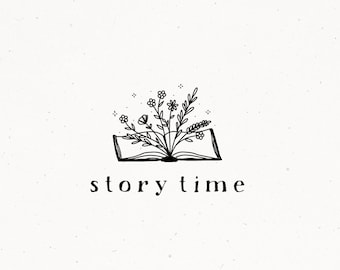 Book Logo, Premade Logo Design, Story Time Logo Stamp, Book Flower Clipart, Rustic Hand Drawn Branding, Floral Brand for Blog