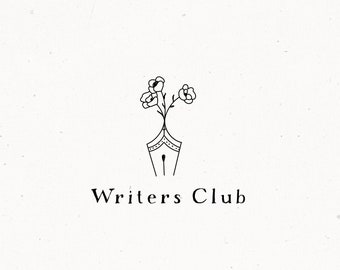 Author Writing Premade Logo Design, Writers Book Ink Hand Drawn Illustration, Dainty Customized Logo, Floral Botanical Blog Branding