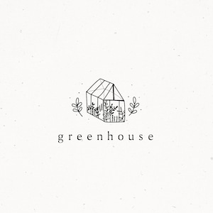 Premade Logo Design with Personalisation, Greenhouse Nature Inspired Branding, Cute Hand Drawn Glashouse Leaf Illustration for Brand