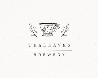 Premade Logo Design for Tea House, Botanical Leaf Tea Cup Illustration, Organic Natural Branding Kit for Boutique Shop or Blogger