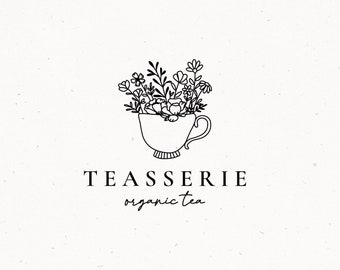 Tea Logo Design, Premade Logo, High Tea Logo, Tea Leaves Logo Design, Watermark Stamp, Hand Drawn Tea Cup, Boho Logo